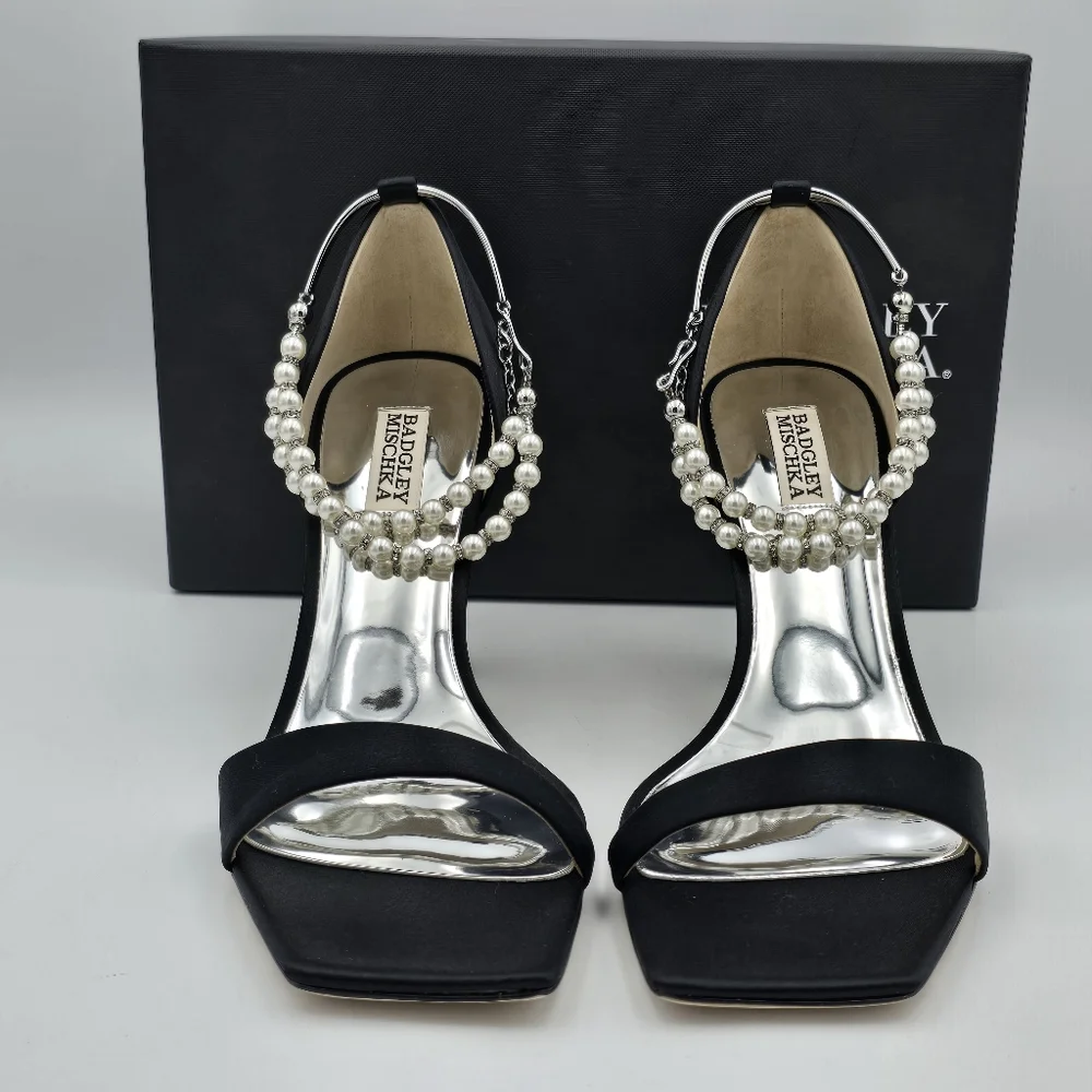 NIB Badgley Mischka Loretta Dual Pearl Strap Stiletto Heel Sandals, Black Satin - Picture 7 of 16